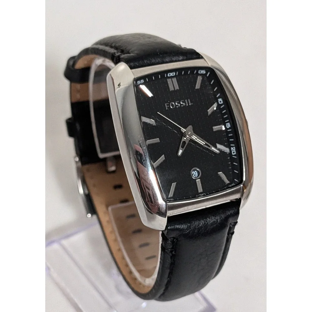 Fossil Watch Black Leather Strap Tonneau Stainless Steel Date Men's